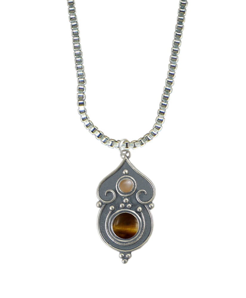 Sterling Silver Necklace Tiger Eye And Peach Moonstone
